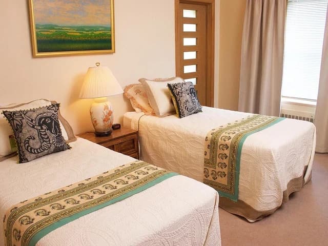 A deluxe room with two twin beds and a lamp beside a window